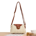 Minimalist straw crossbody bag in beige weave with contrasting dark brown leather straps - White