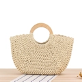 Handcrafted beige straw handbag with wooden handle in elegant woven fan-shaped style - Beige