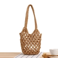 Handmade khaki crochet hollow mesh tote bag for summer beach and boho styling - Camel