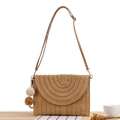 Handwoven straw shoulder bag with flap design and decorative pompom in natural beige - Light Brown With Pom Pom