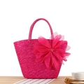 Handmade magenta straw tote bag with oversized floral 3D decoration for beach vacation - Rose Red
