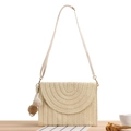 Beige woven paper straw crossbody bag with adjustable strap and decorative pom pom tassel - Beige With Pom Pom
