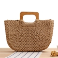 Handwoven straw beach bag featuring light brown paper rope and rectangular wooden handles - Small Handle / Camel