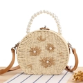 Borsa tonda in paglia beige con manico di perle e ricami floreali - Beige