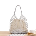 Silberne gewebte Strandtasche mit beigem Canvas-Kordelzug-Futter für den Sommerurlaub - Silber (Mit Innenfutter)