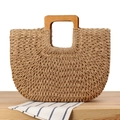 Minimalist hand-woven paper rope beach bag with solid square wooden handles in light brown - Large Handle / Camel