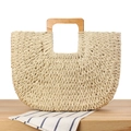 Handwoven cream paper rope beach bag with square wooden handles and semi-circle shape - Large Handle / Beige