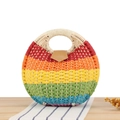 Rainbow striped round woven handbag with circular handles and leather flap closure - Red Yellow Blue (Upgraded Handle)