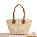 Französische karierte Strohhandtasche mit hochwertigen braunen Ledergriffen für Damen - Beige