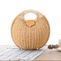Handwoven yellow round straw handbag with brown leather flap and round top handles - Camel