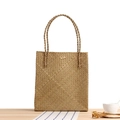 Forest style straw woven tote bag in natural beige with vintage wooden button closure - Original Color