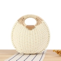 Handmade round cream paper rope woven tote bag with a brown leather clasp - White (Upgraded Handle)