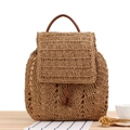 Handmade forest-style straw backpack with floral crochet and brown leather drawstring - Camel