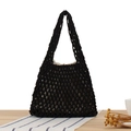 Sac de plage noir fait main en coton tressé avec doublure beige et bandoulière robuste - Noir (avec doublure en toile)