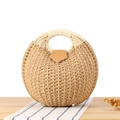 Fashionable round shell-shaped straw handbag with brown leather clasp and metal feet - Camel (Upgraded Handle)
