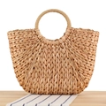 Handcrafted corn husk woven tote bag with circular handles in natural light brown finish - Large Without Pendant