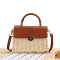 Handtasche aus Papierseil mit brauner Lederklappe und goldenem Drehverschluss - Beige (Blumenfutter)