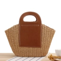 Μεγάλη γαλλική υφαντή τσάντα από άχυρο με καφέ δερμάτινες λαβές και μεγάλη χωρητικότητα - Καμηλό