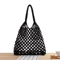 Minimalist black hand-woven mesh tote bag made of thick cotton rope for summer beach - Black