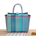 Blue and pink woven plastic picnic basket bag with top handles and cover flap - Lake Blue