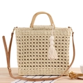 Beige paper rope woven tote bag with bamboo handles and white tassel detail - Large Beige - With Tassel