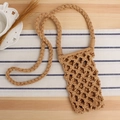 Handmade woven cotton rope crossbody phone bag in natural beige with braided shoulder strap - Camel