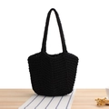 Handmade black crochet bucket bag with thick cotton texture and woven wave pattern - Black