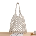 Beige cotton woven mesh bag with thick braided handles in a minimalist summer style - White