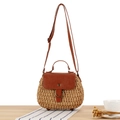 Retro handmade straw crossbody bag with brown leather flap and vintage metal buckle - Camel
