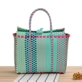 Handmade mint green and magenta striped woven plastic beach tote bag with button closure - Tiffany Green