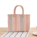Pink and blue woven picnic basket with durable handles for summer shopping - Cream Pink