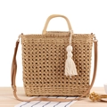 Straw woven tote bag with round wood handles and brown leather strap in khaki - Large Camel - With Tassel
