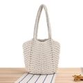 Handmade woven cotton bucket bag in cream white featuring detailed crochet texture style - White