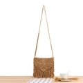 Khaki bohemian tassel woven crossbody bag in handcrafted geometric cotton rope style - Camel