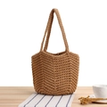 Handmade crochet cotton rope bucket bag in caramel brown for casual holiday style - Camel