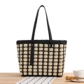 Chic black and white checkered woven tote bag with black leather shoulder straps - Black + Beige