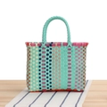 Colorful checkered woven tote bag in mint green and rose red with braided handles - Tiffany Green