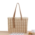 Minimalist straw tote bag with brown leather handles and a plaid woven pattern - Beige
