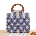 Blue and white plaid cotton rope woven handbag featuring vintage D-shaped wooden handles - Blue (Wooden Handle)