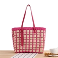 Fuchsia checkered woven tote bag with leather straps and summer raffia texture - Rose Red