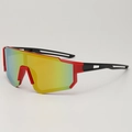 Kids sports sunglasses with red semi-rimless frames and iridescent yellow-green lenses - Red Frame Red Mirror