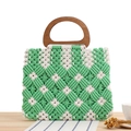 Πράσινη και κρεμ τσάντα μακραμέ με ξύλινες λαβές και μποέμ σχέδιο με διαμάντια - Πράσινο (Ξύλινη Λαβή)