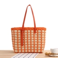 Orange and beige checkered woven tote bag with adjustable leather shoulder strap - Orange Red
