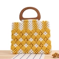Handmade macrame tote bag with yellow and white pattern and dark wooden handle - Yellow (Wooden Handle)