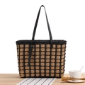 Minimalist French tote bag featuring a black checkered woven design and leather straps - Black & Light Brown