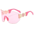 Modern pink rimless oversized sports sunglasses with golden deer emblem and wraparound lens - Pink Frame / Pink Lens