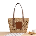 Bolso de playa trenzado a mano con correas de cuero marrón y parche cuadrado - Camel (Con LOGO)
