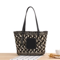 Bolso de playa de cuerda de papel trenzado bicolor en blanco y negro con cuero - Negro (Con LOGO)