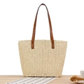 Sac à main chic en paille tissée blanc crème avec anses en cuir marron été - Beige