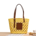 Bolso de hombro de cuerda de papel amarillo y beige con elegantes asas de cuero marrón - Amarillo (Con LOGO)